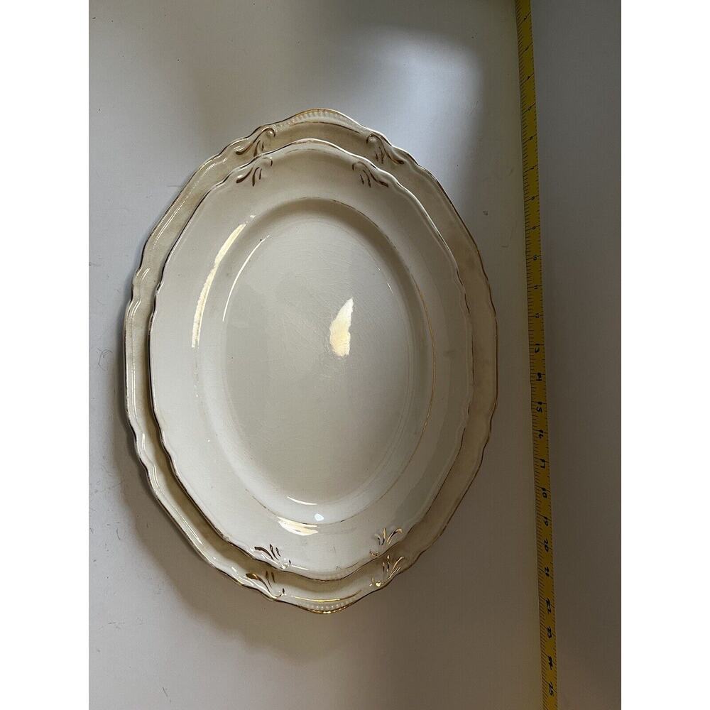 Vintage Crown Potteries Co. Set Of 2 Large Oval Serving Platters Ivory With Gold